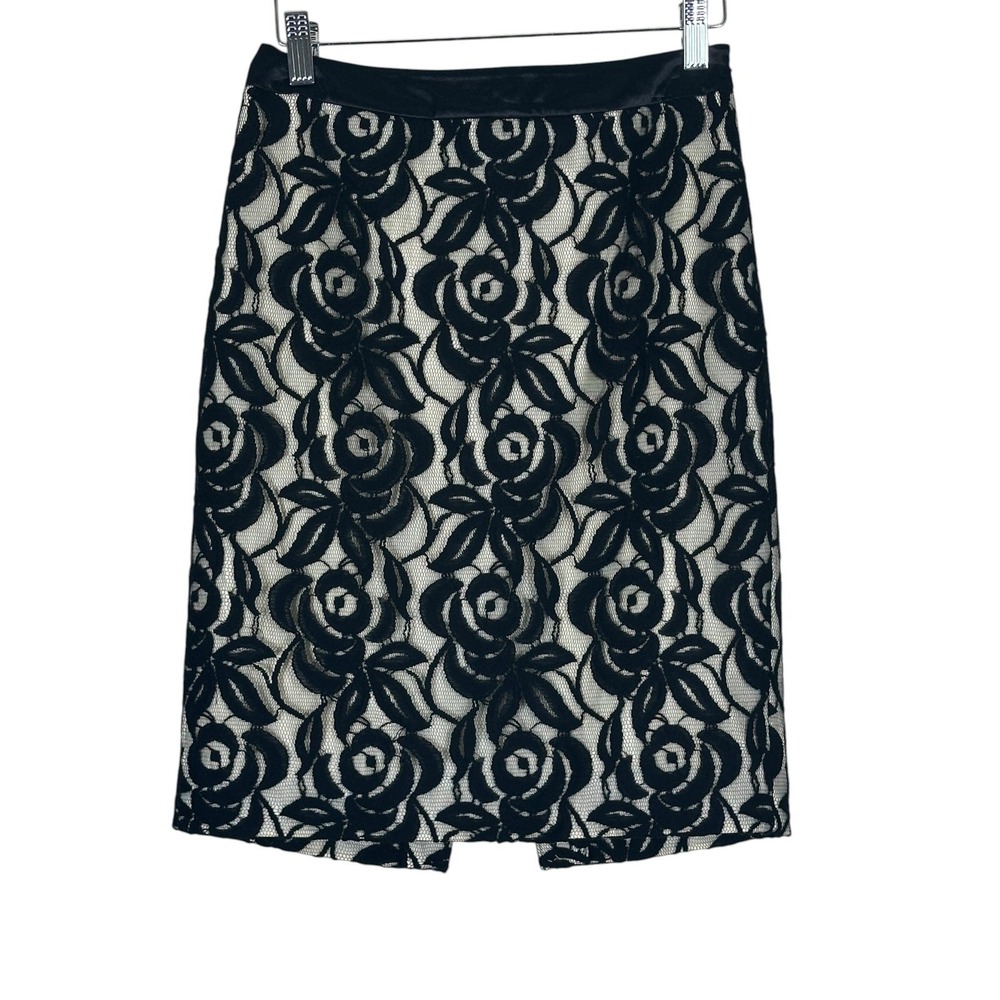 Ann Taylor Floral Lace Pencil Skirt Black Cream Satin Trim Classic Size 0P